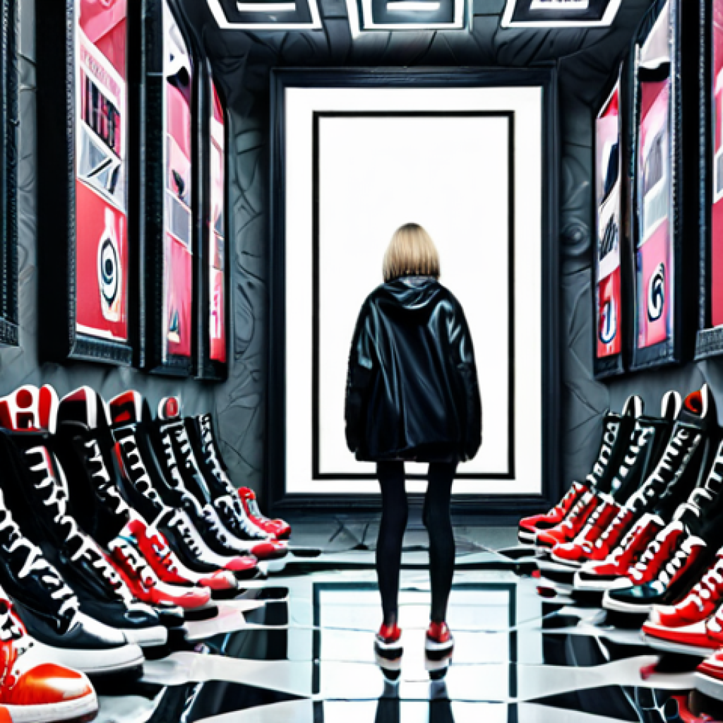 **Oversized mirror reflecting a person surrounded by targeted ads for shoes, symbolizing the seductive yet overwhelming nature of hyper-personalization. Dystopian, digital art style.**