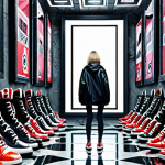 **Oversized mirror reflecting a person surrounded by targeted ads for shoes, symbolizing the seductive yet overwhelming nature of hyper-personalization. Dystopian, digital art style.**