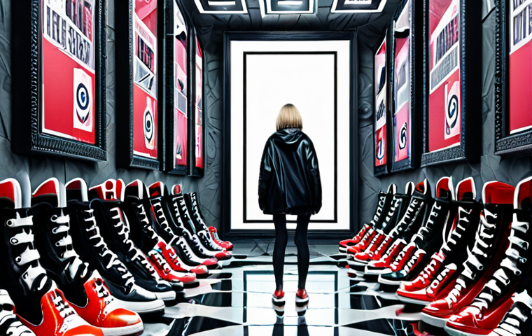 **Oversized mirror reflecting a person surrounded by targeted ads for shoes, symbolizing the seductive yet overwhelming nature of hyper-personalization. Dystopian, digital art style.**
