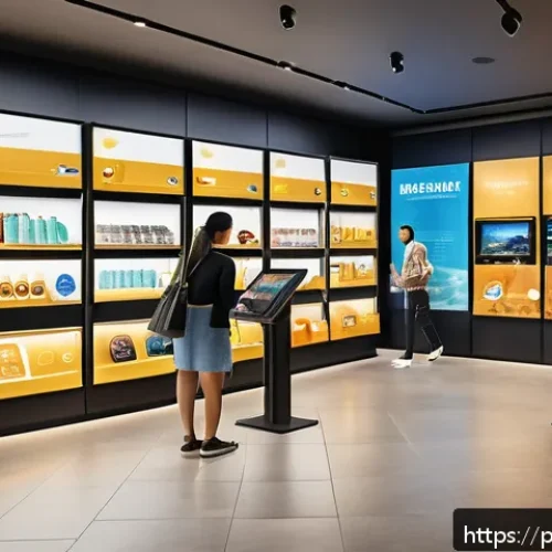 Home 32 하이퍼 퍼스널라이제이션과 고객 접점 관리 - A modern Brazilian retail store interior showcasing a dynamic personalized shopping experience: dive...