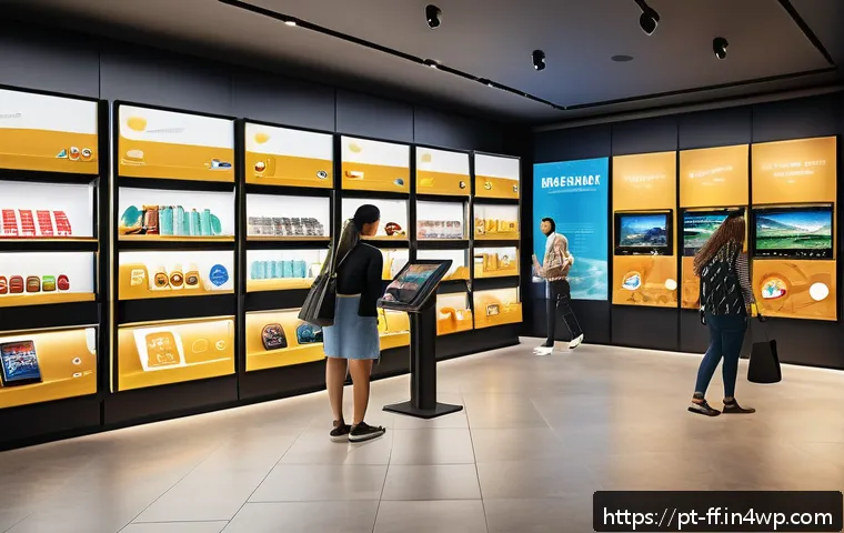 하이퍼 퍼스널라이제이션과 고객 접점 관리 - A modern Brazilian retail store interior showcasing a dynamic personalized shopping experience: dive...