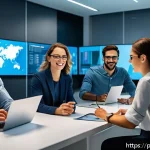 Home 18 하이퍼 퍼스널라이제이션을 위한 사용자 데이터 분석 - A modern digital marketing office scene featuring a diverse team of professionals analyzing large da...